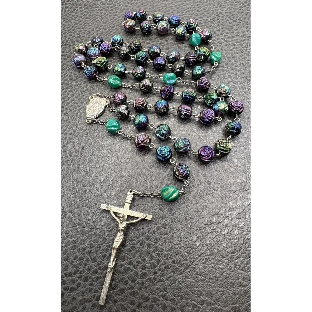 VTG Rosary Necklace Oil Slick Iridescent Rose Floral Beads Crucifix Silver Tone